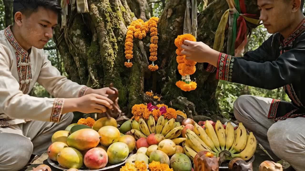 Ofrenda de comida y guirnaldas a un espíritu del árbol