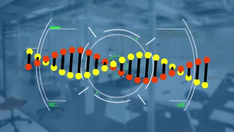 Animation-of-scope-scanning-and-dna-strand-spinning-over-empty-office