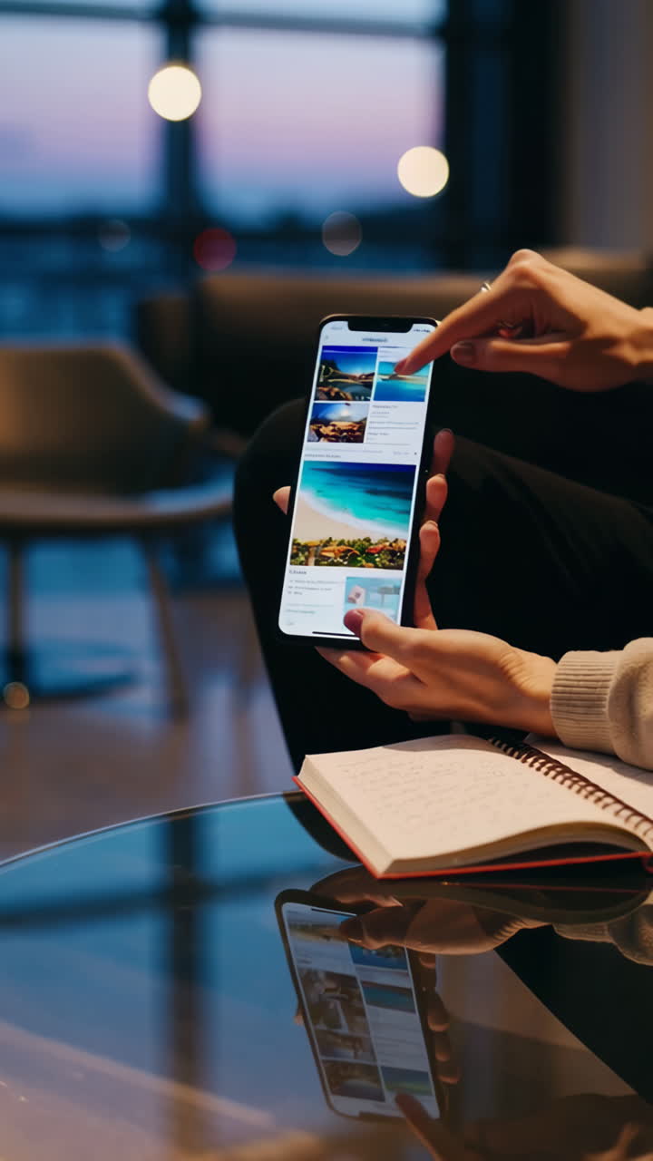 Person using a travel app on a smartphone for vacation planning