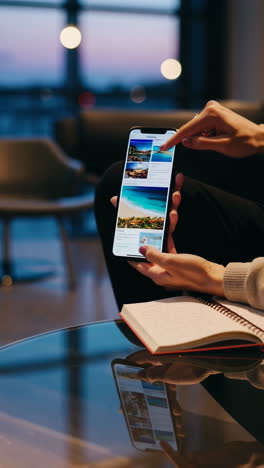 person using a travel app on a smartphone for vacation planning