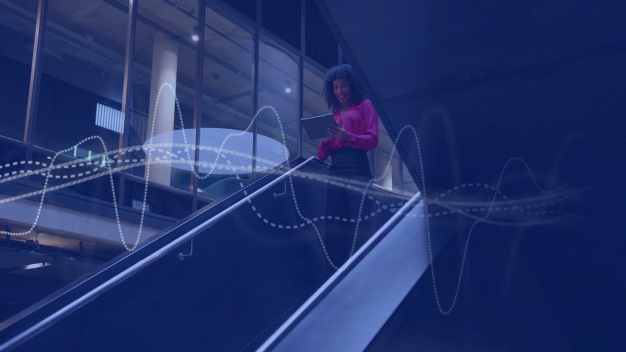 Woman starting tapping tablet while riding escalator, camera following and tech waveform drifting