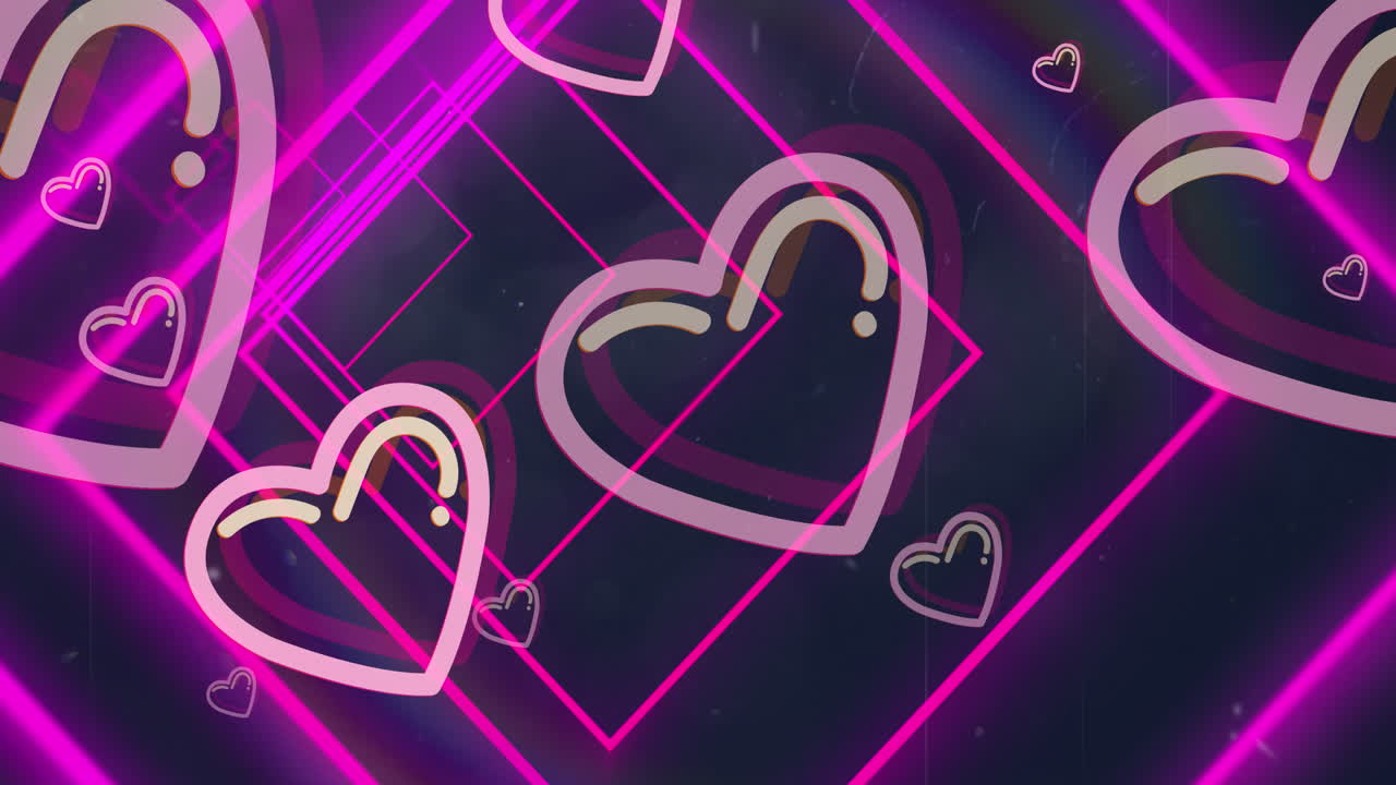 떨어지는 심장 위에 분홍색 네온 기하학적 모양의 애니메이션