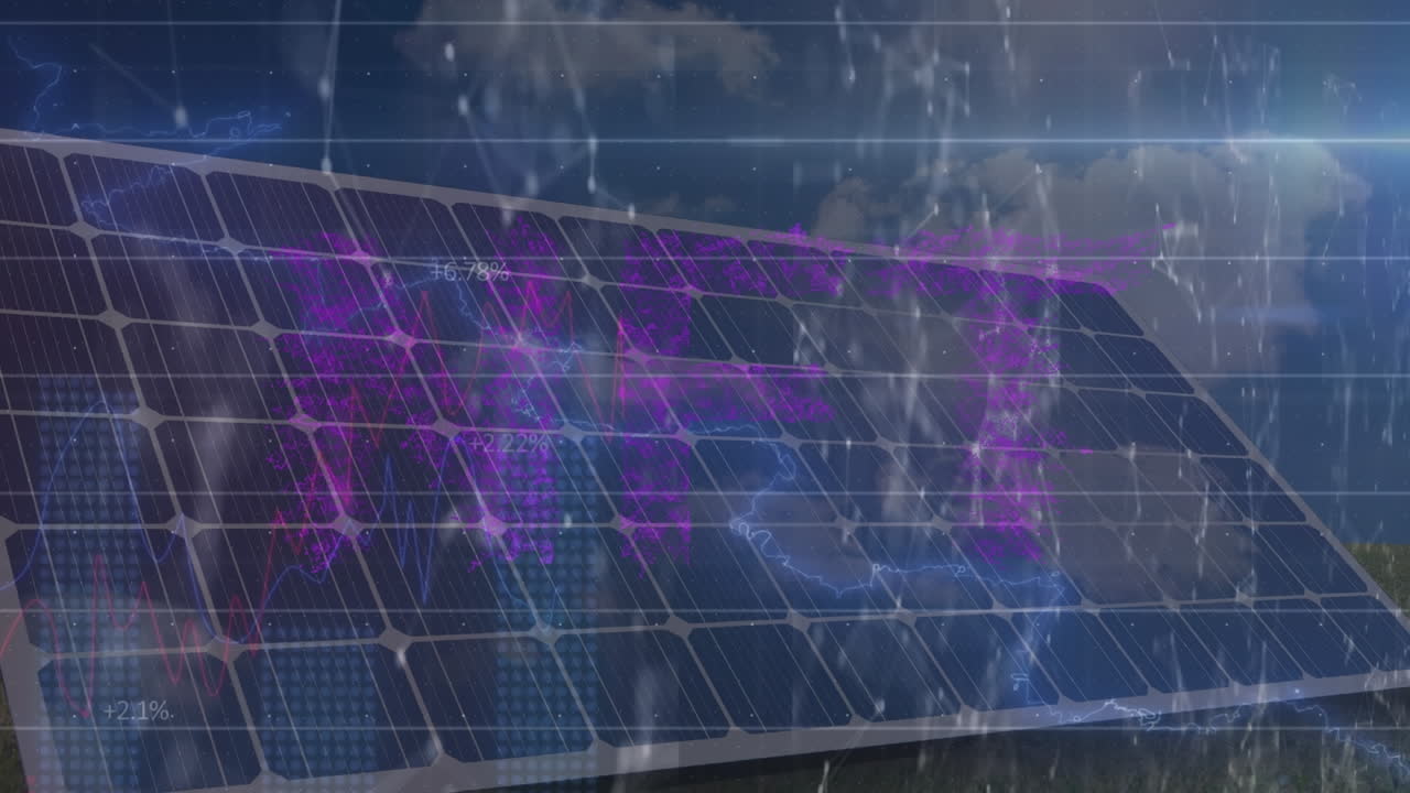 nft 텍스트의 애니메이션은 번개와 점으로 기하학적 모양을 형성하고 태양 패널 위에 숫자를 나타니다.