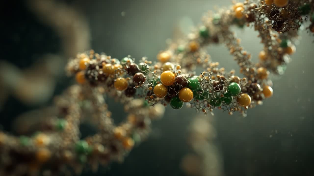 An intricate close-up of a DNA double helix structure, showcasing its complex molecular composition with colorful nucleotides and a shimmering background, symbolizing genetic science
