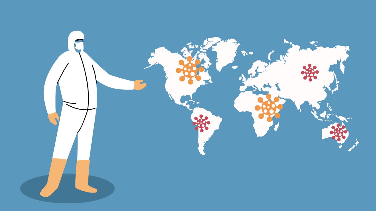 생물 안전복을 입은 노동자 지구 행성의 코로나19 입자