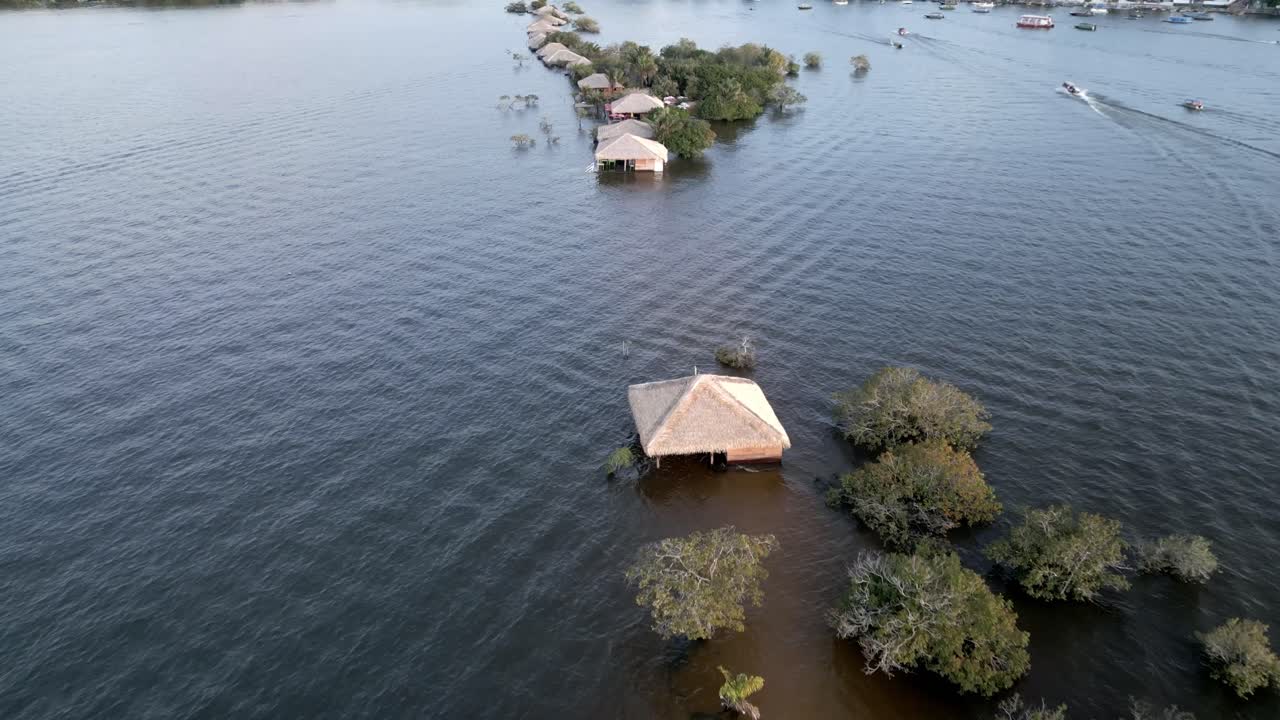 Aerial over the flooded buildings near Love Island during the rainy season in the State of Par&aacute;, Brazil