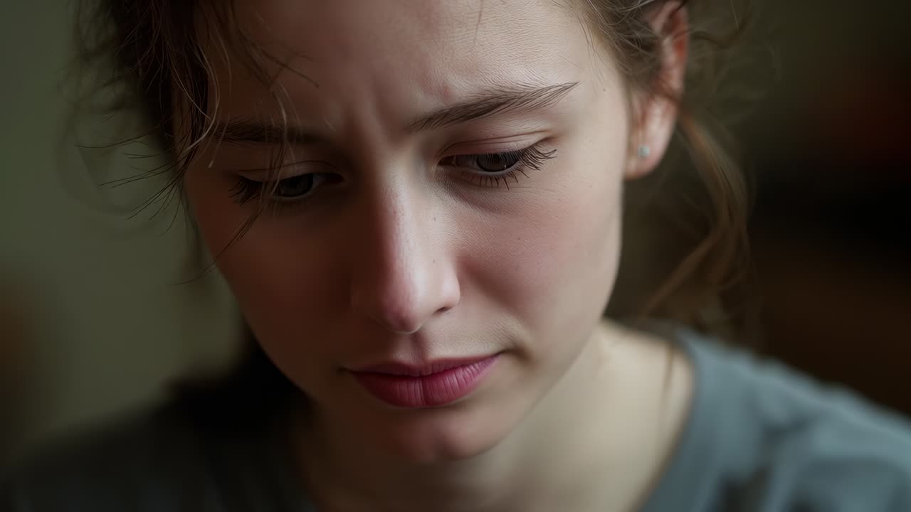 Reacting to offscreen cue, woman in grey shirt furrowing brow, lowering gaze at home, loose hair