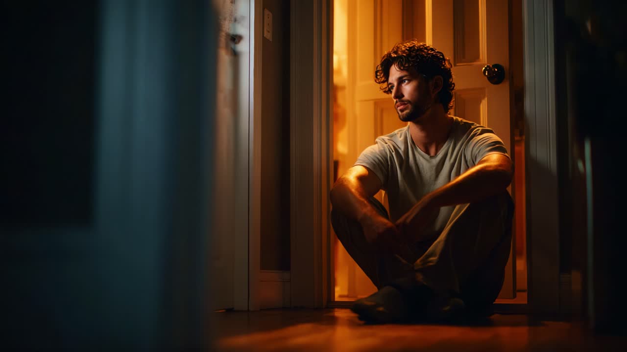 A contemplative moment captured in a dimly lit hallway, featuring a man sitting on the floor with a thoughtful expression, embodying introspection and solitude
