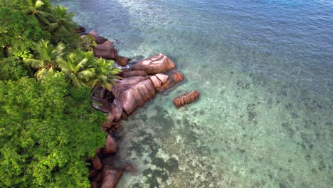 bird eye drone shot of indian ocean, granite rocks, trees and turquoise water on the baie lazare shore, mahe seychelles 30 fps