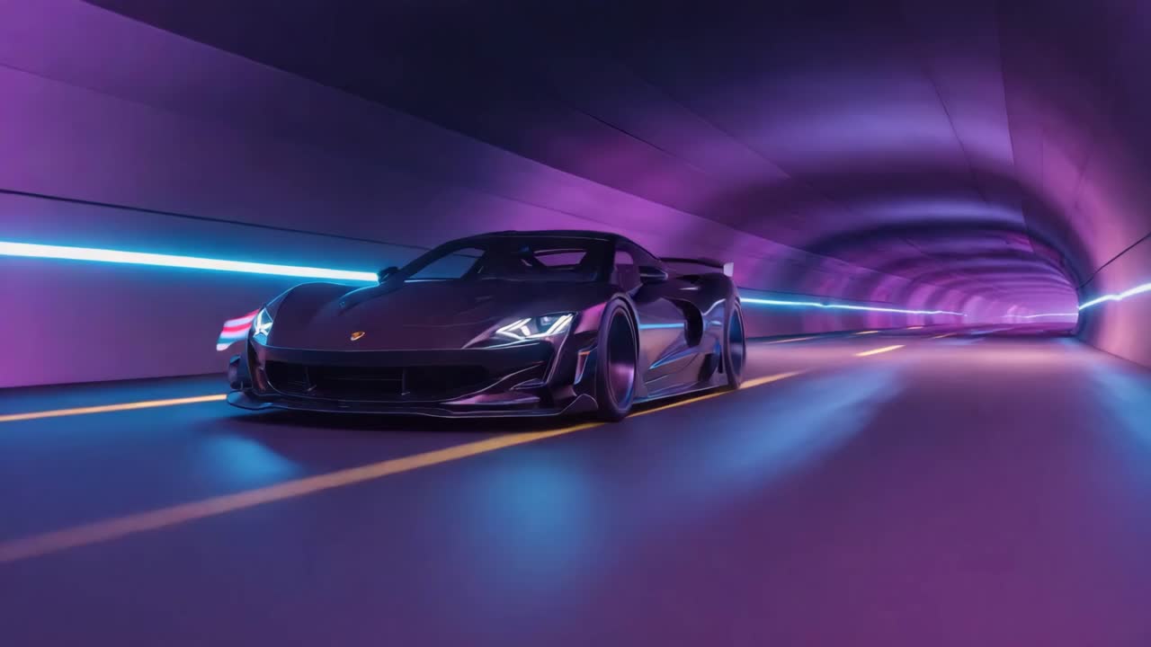 Sleek Sports Car in a Futuristic Neon Tunnel
