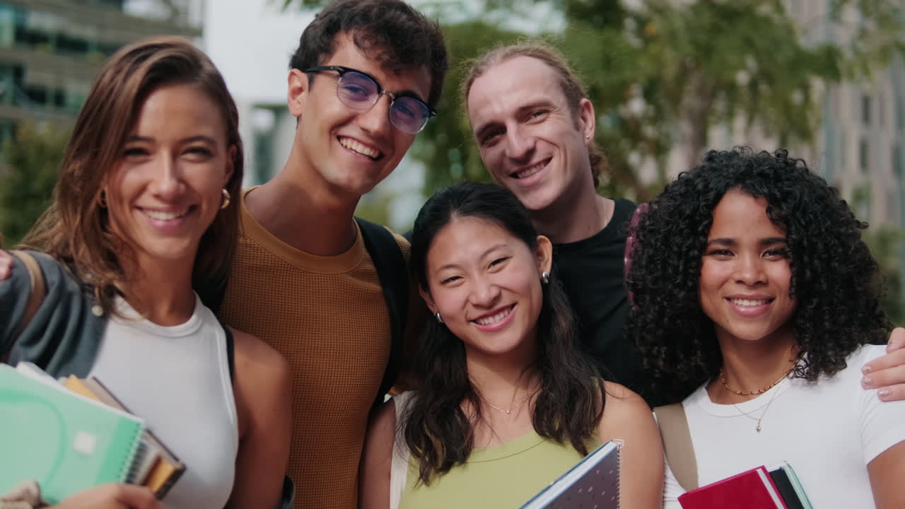 Close-up de um grupo diversificado de amigos estudantes adolescentes juntos, se divertindo