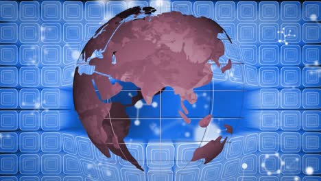 Animation-of-globe-with-countdown-over-blue-squares-and-network-of-connection