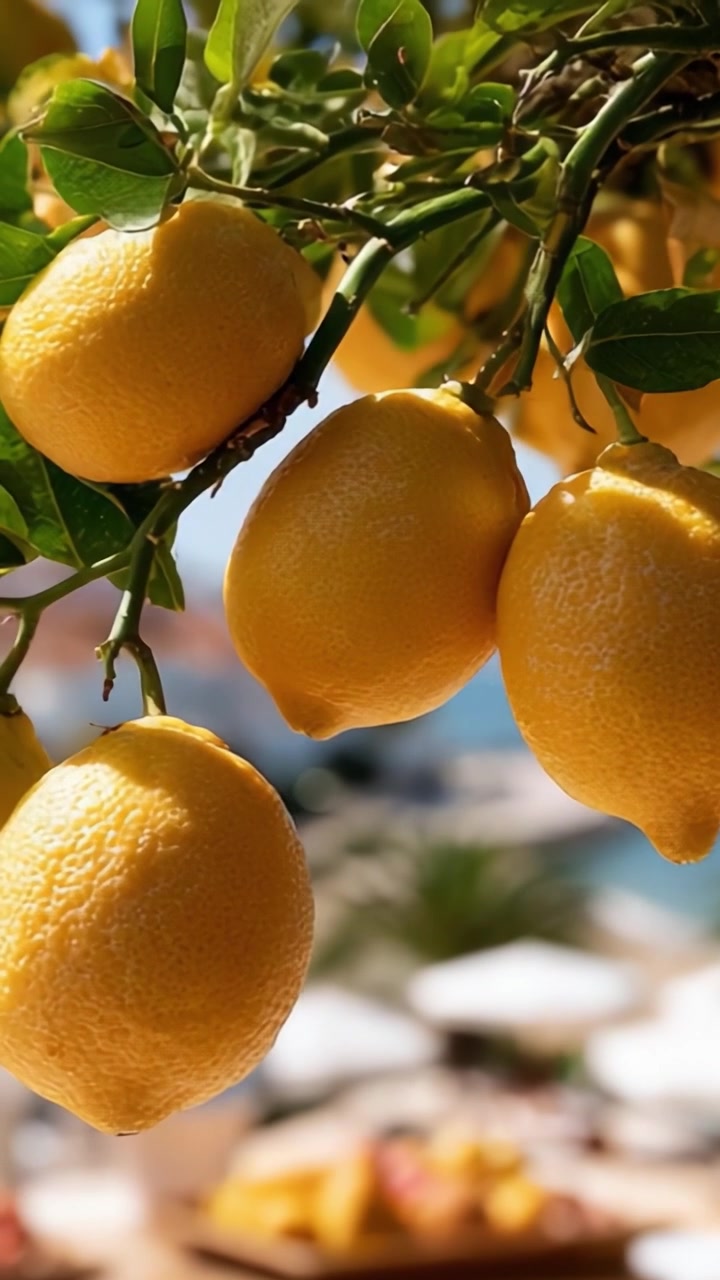 Limoni vivaci appesi all'albero: primo piano di delizie agrumate dorate su uno sfondo panoramico.