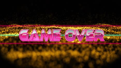 Animation-of-game-over-text-in-metallic-pink-letters-with-lines-over-yellow-mesh