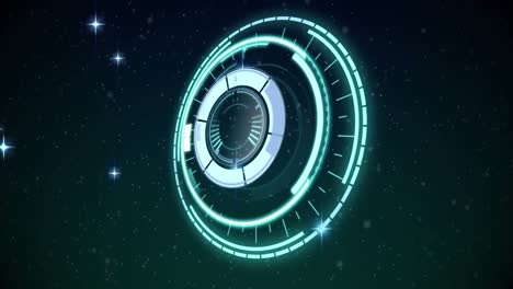 Animation-of-safe-lock-rotating-over-glowing-stars-on-black-background