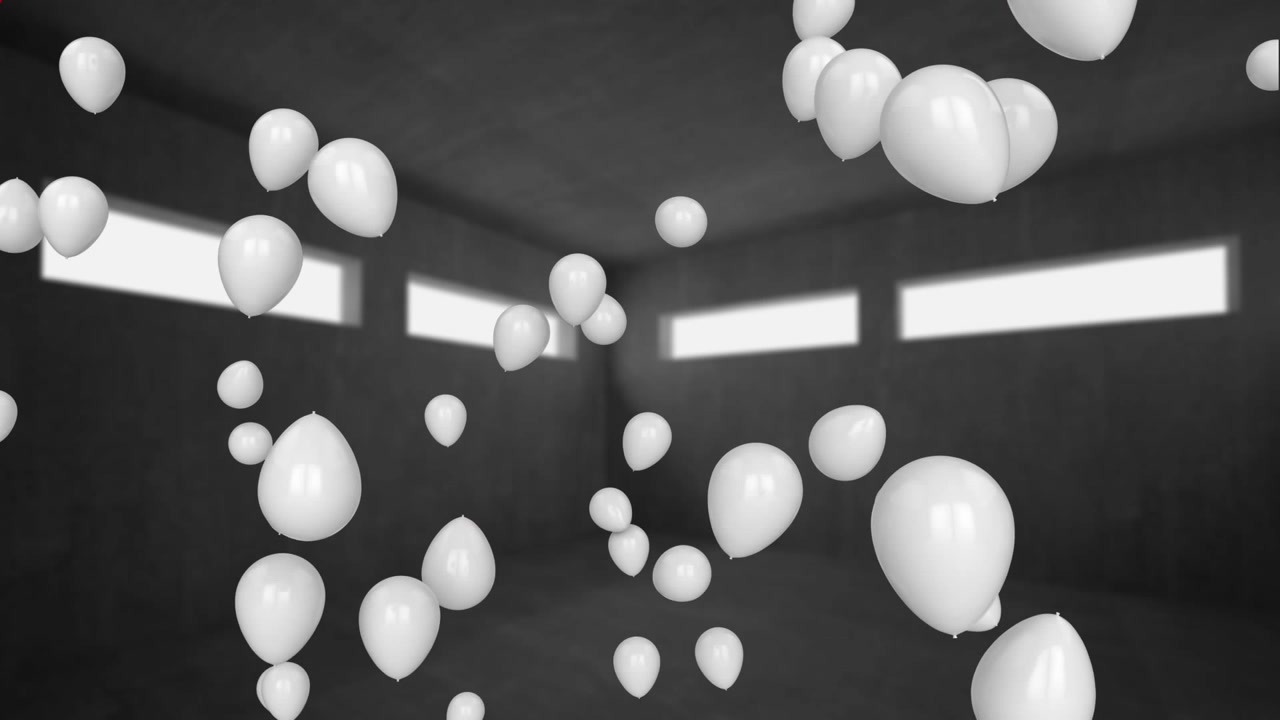 Abstrakte Motion Graphics mit schwebenden weißen Ballons in dunklem Raum