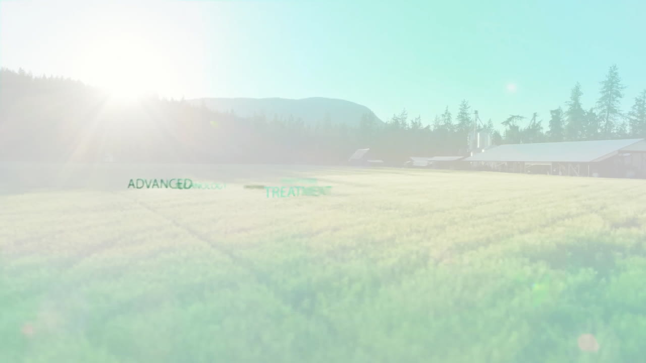 Text animation over serene landscape with mountains and trees in background