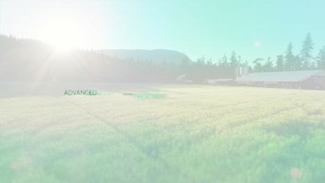 text animation over serene landscape with mountains and trees in background
