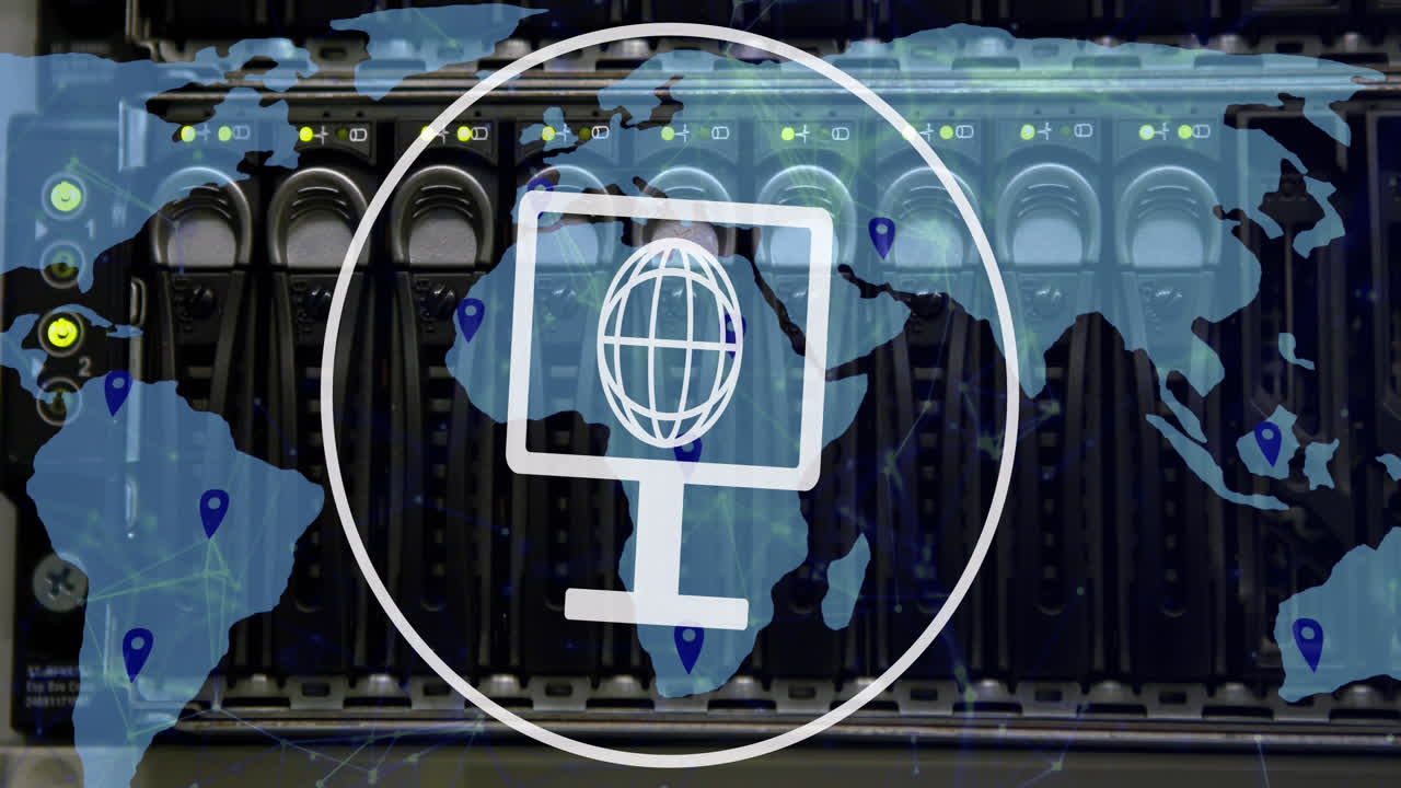 animación del globo en los iconos de la pantalla de la computadora y procesamiento de datos a través de un servidor de computadora