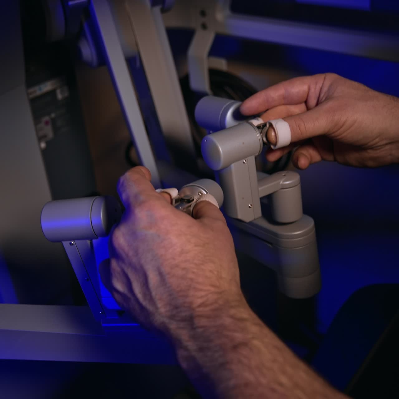 Male hands move the handles of the futuristic robotic equipment in surgical room. Operating the technological surgical robot. Close up. Top view
