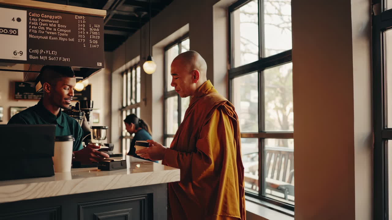 카페에서 커피를 즐기는 승려