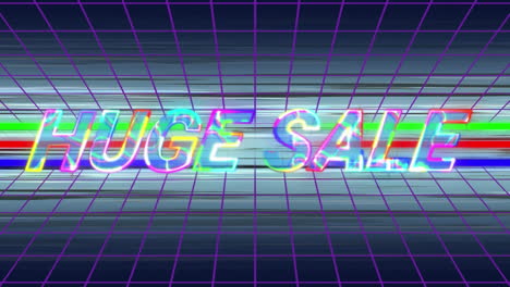 huge sale in multi-coloured electrified letters on a grid and fast moving background