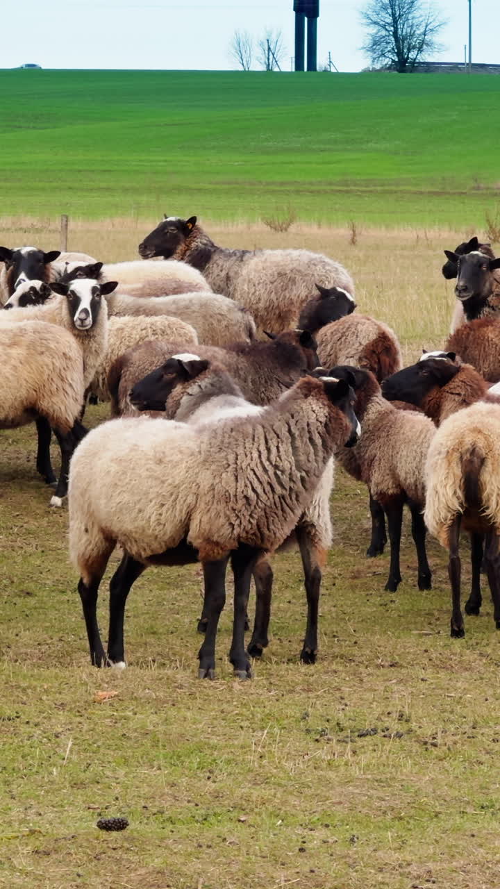 Pecore morbide e soffici all'aperto in una fattoria. Piccolo bestiame al pascolo in autunno. Video verticale