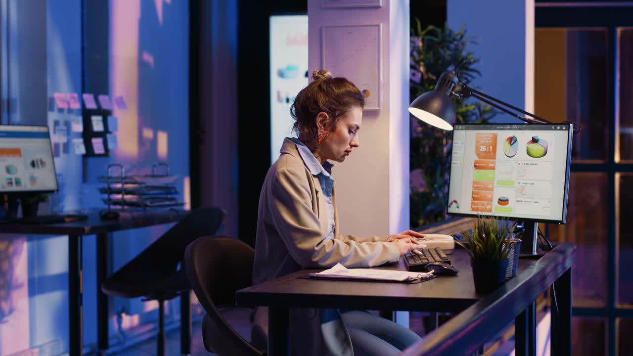 Woman working late in office