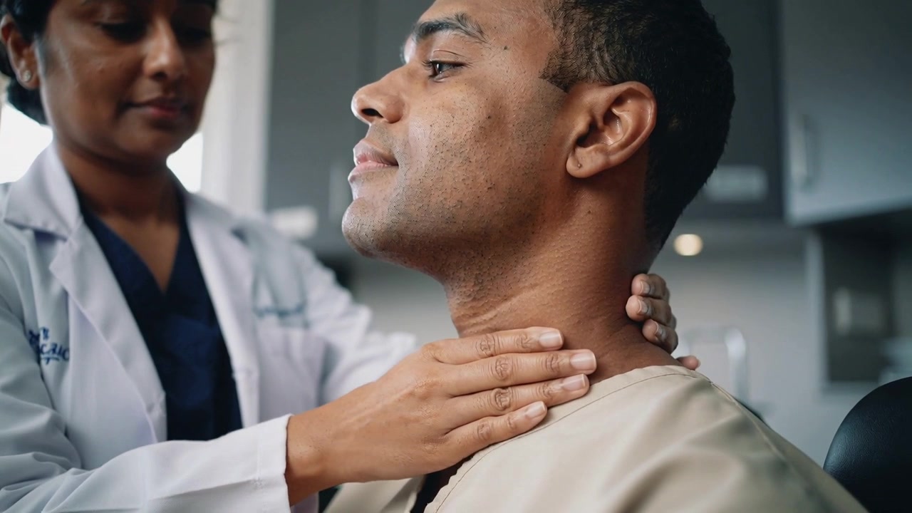 Clinico in camice che palpa il collo del paziente in clinica, mettendo le mani sotto il mento e controllando il collo.