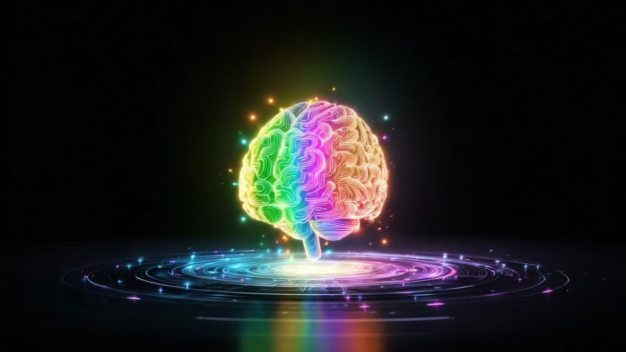 Colorful human brain model rotating and pulsating with glowing particles and light trails on a dark background. A futuristic concept of artificial intelligence, creativity, and brainstorming