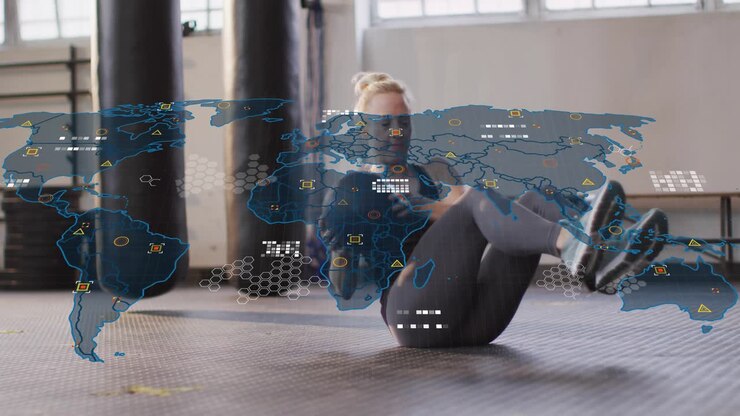 Woman in gym initiating torso twisting in med ball V-sit, building core while HUD map overlaying