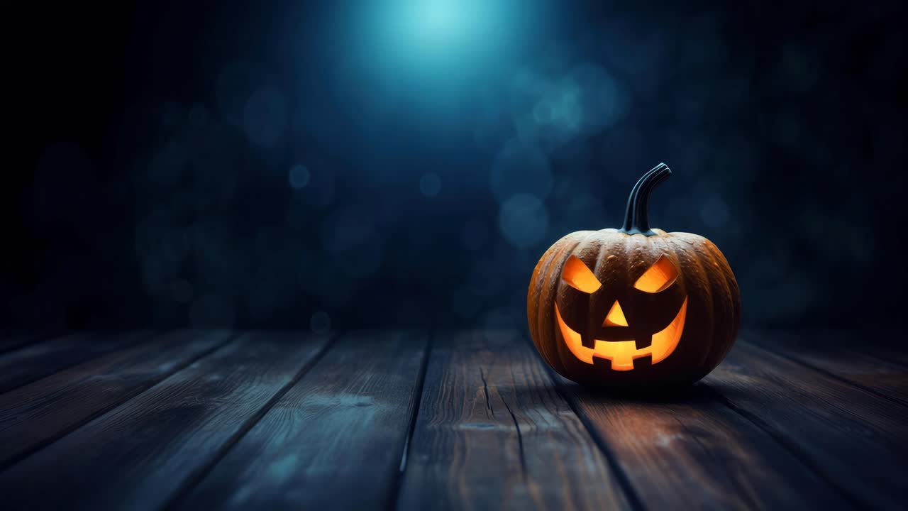Una spaventosa zucca di Halloween risplende su un pavimento in legno. Scatto dal basso con un tocco cinematografico, perfetto