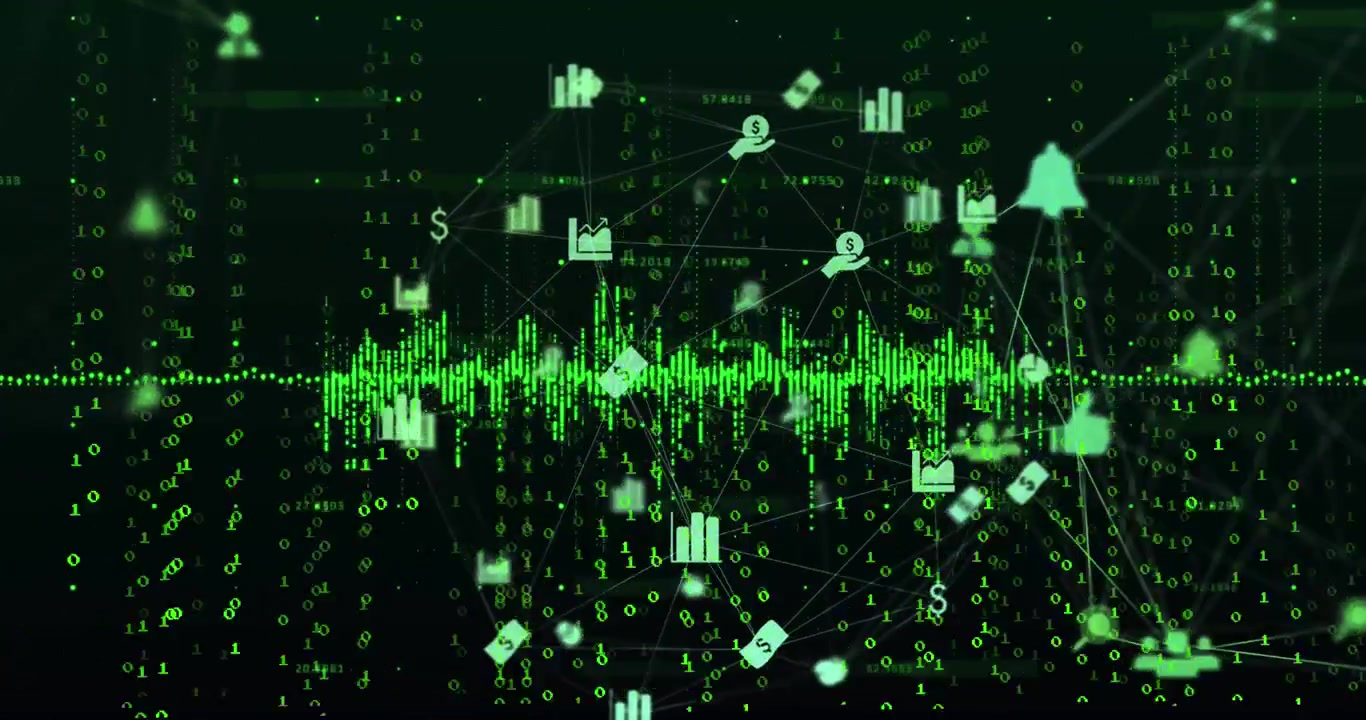 Animation of connected multiple icons forming globe over illuminated numbers and soundwaves