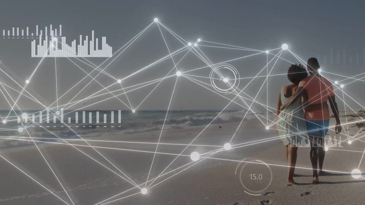 Couple walking shore initiating animated HUD network showing metrics and footprints for analytics
