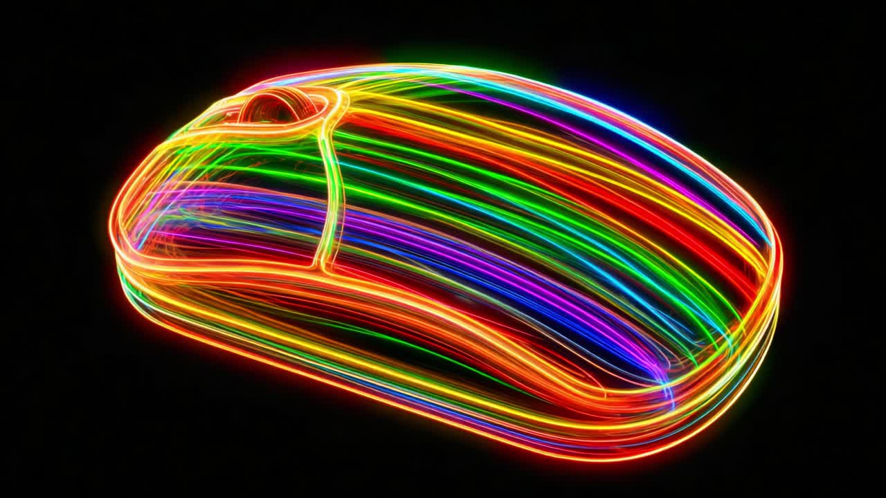 A Vibrant Display of Light Trails Capturing an Electronic Mouse in Dynamic Motion Against a Black Background Showcase the Fusion of Technology and Artistry