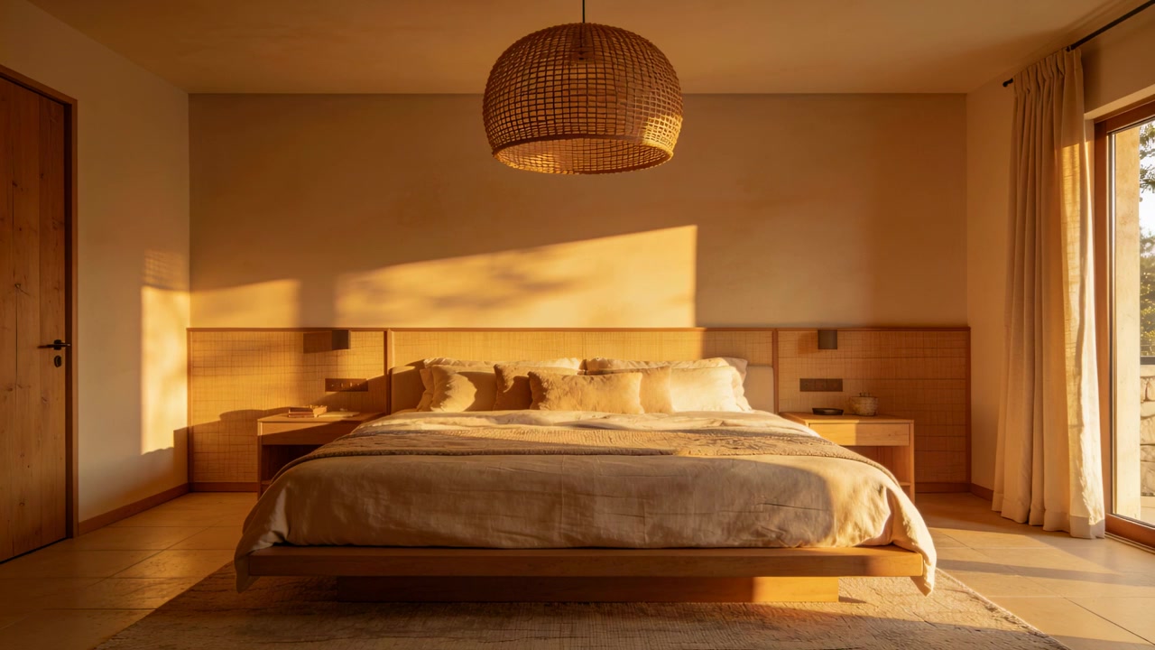 Luce solare che si sposta attraversa un letto a piattaforma in legno in una camera da letto calda, con ombre di fogliame che si muovono sulla testiera.
