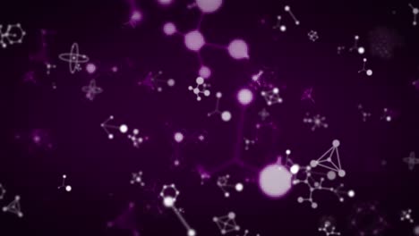 Animation of molecules and chemical elements floating on purple background
