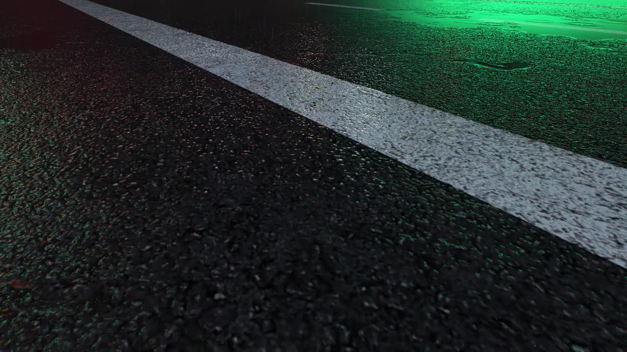 Pioggia battente 3D sulla strada di notte - Particelle di pioggia realistiche 4K (in loop) - Giorno di pioggia su una strada colorata con traffico - Strada bagnata di notte - Ripresa dal basso sotto la pioggia - Pioggia e riflesso sulla strada - Immagine in movimento in loop - Semaforo