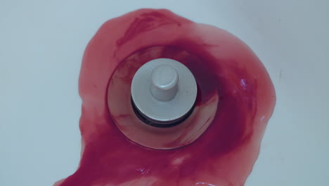 primer plano de la sangre que se lava por el desagüe de la ducha