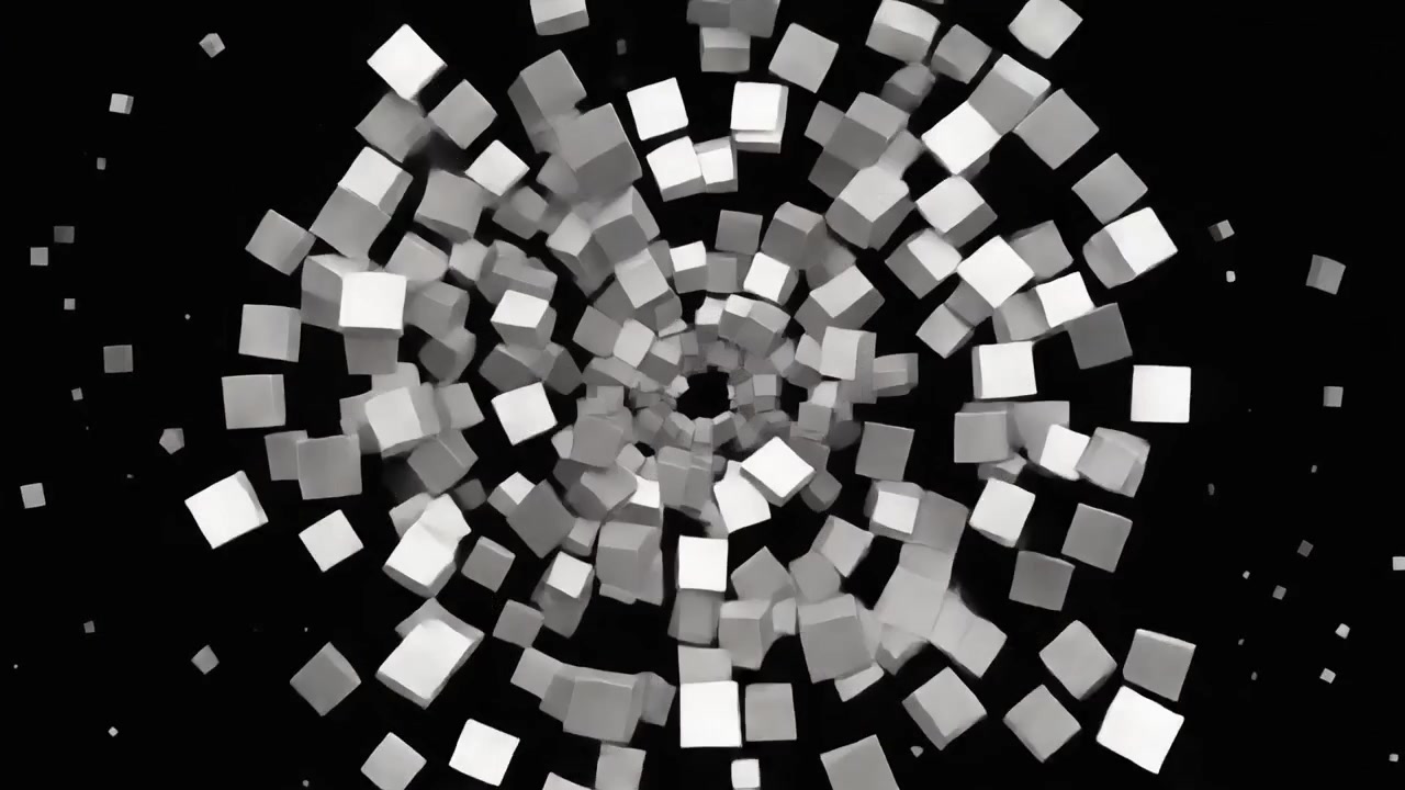 Abstrakt animation af udvidende og sammentrækkende hvide terninger på sort baggrund