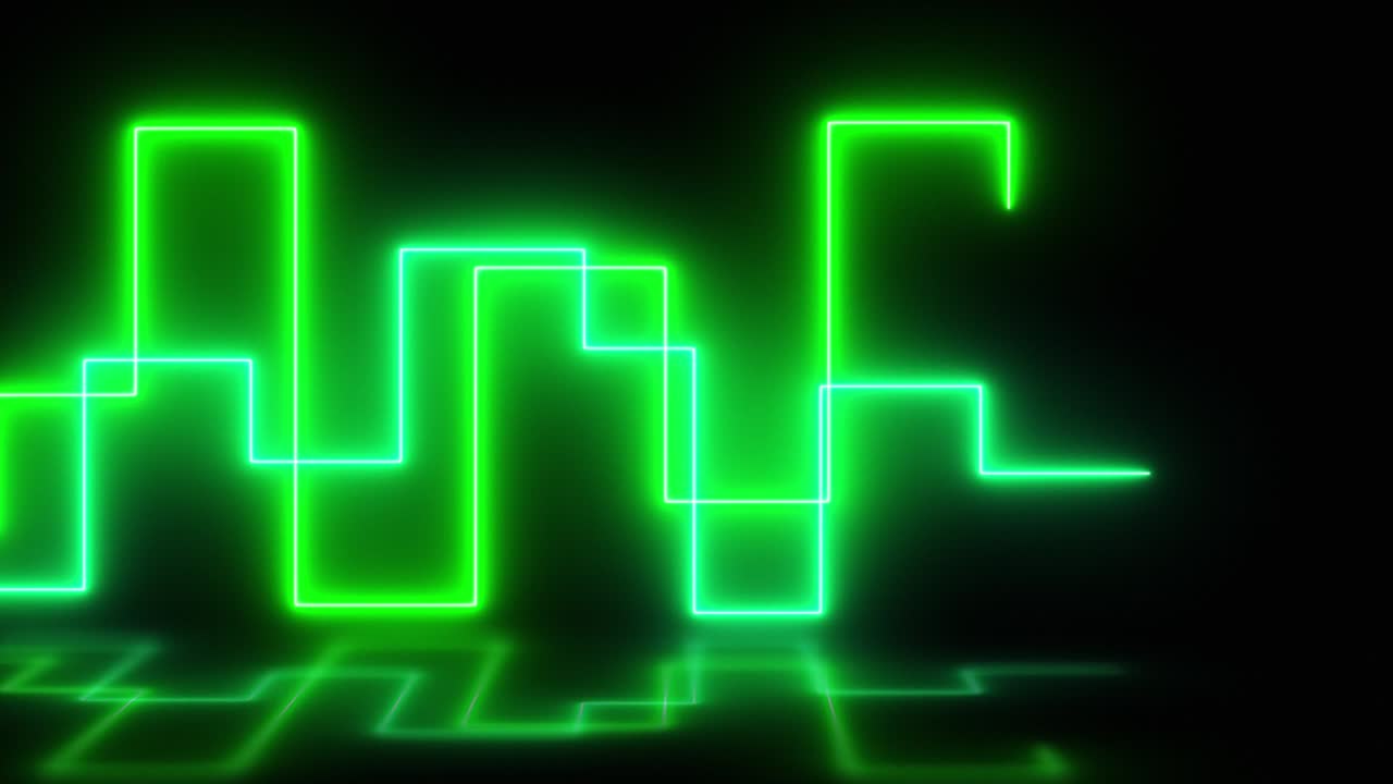 Neon led glowing techno rectangles lines,green hi-tech futuristic abstract background with reflect on the floor.Endless maze or labyrinth style flashing light rectangular frames. Digital animation 4k