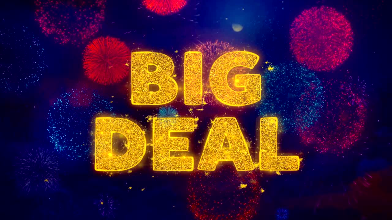 다채로운 불꽃놀이 폭발 입자에 대한 큰 거래 텍스트.