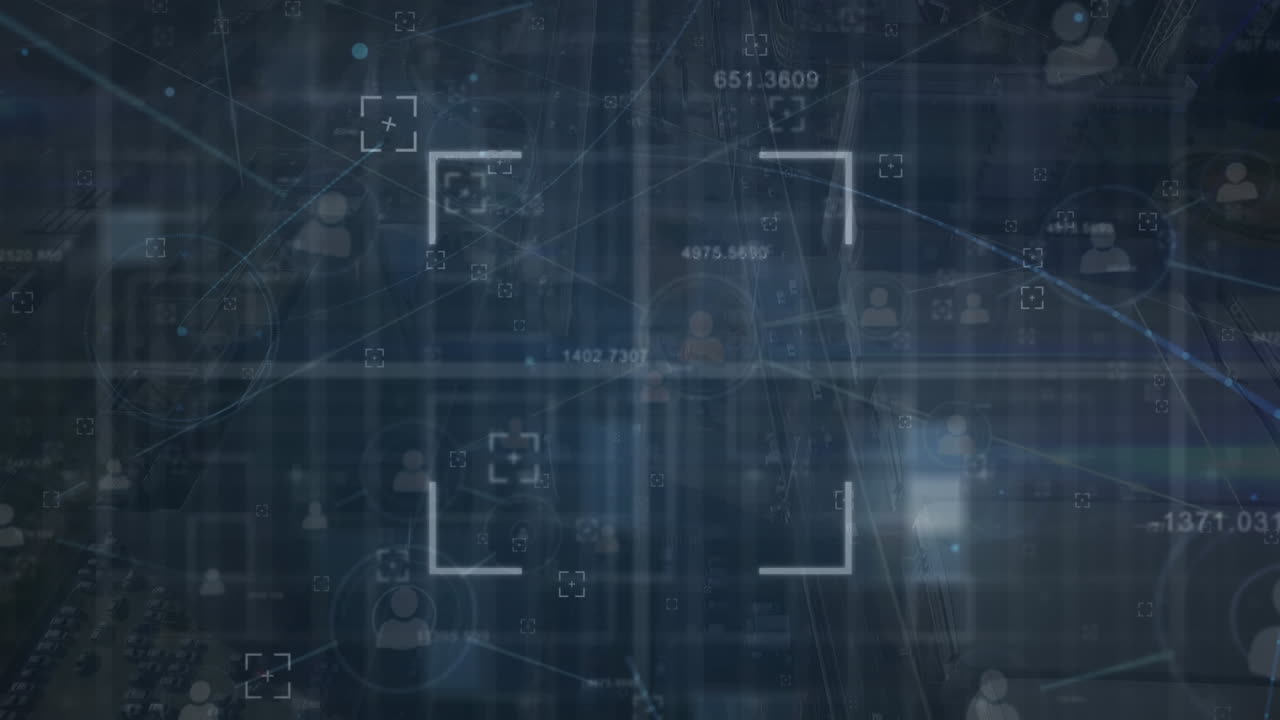 Animation of viewfinders over connected icons over electronic component in background