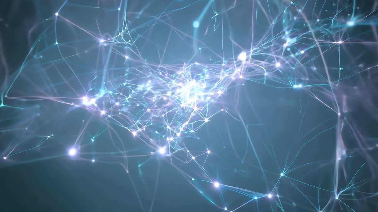 Abstract plexus network evolves slowly against a blue background, showcasing a blend of technology and digital design