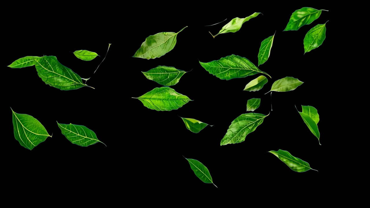 Vibrant green leaves scattered animated overlay, transparent 4K video, alpha channel, ProRes 4444