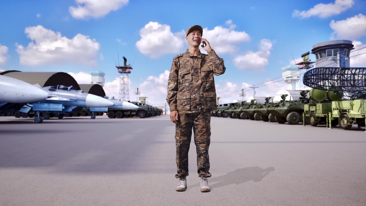 아시아 남성 군인이 스마트폰으로 대화하고 군사 캠프에 서서 주변을 둘러보고 있습니다.