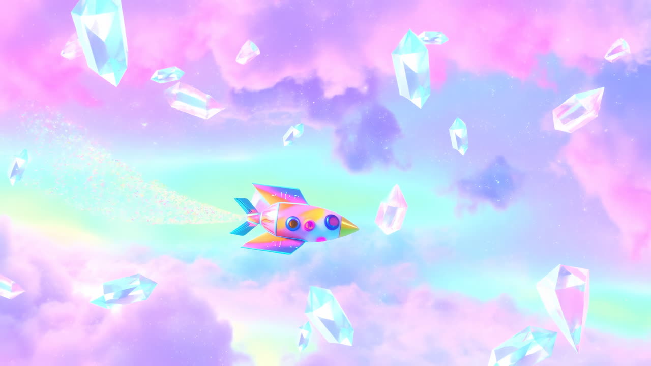 Colorful Rocket Flying Through Pastel Clouds, Toylike Rocket Leaves Iridescent Rainbow Trail While Faceted