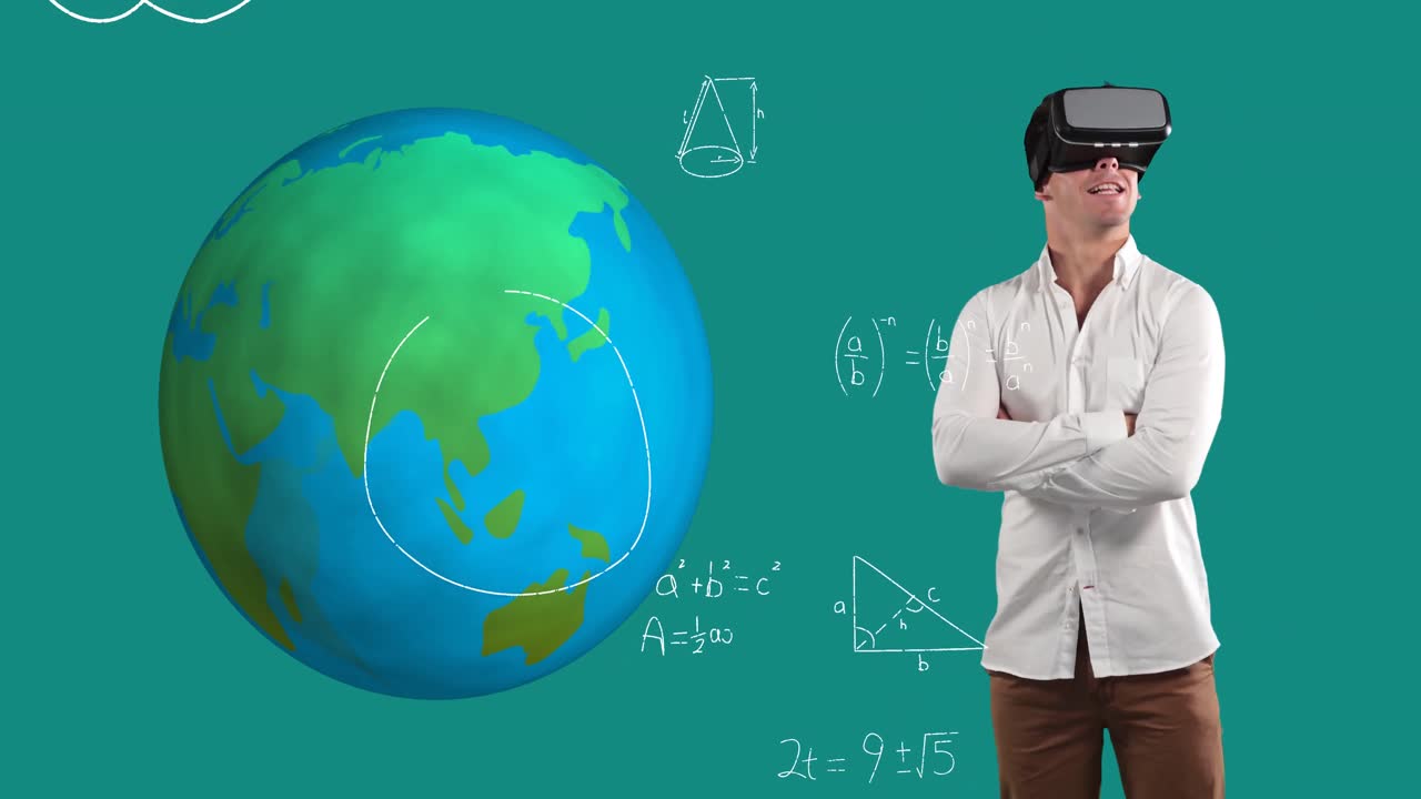수학적 방정식이 회전하는 지구와 vr 헤드 ⁇ 을 사용하는 사람에 대해 떠다니고 있습니다.
