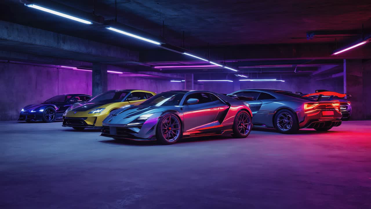 A collection of sports cars in a neon-lit garage