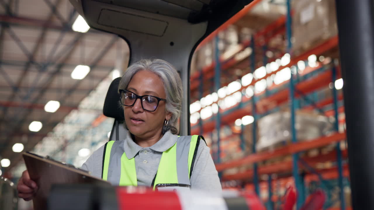 Volwassen vrouwelijke werknemer stapt in heftruck en controleert de inventaris in het magazijn.